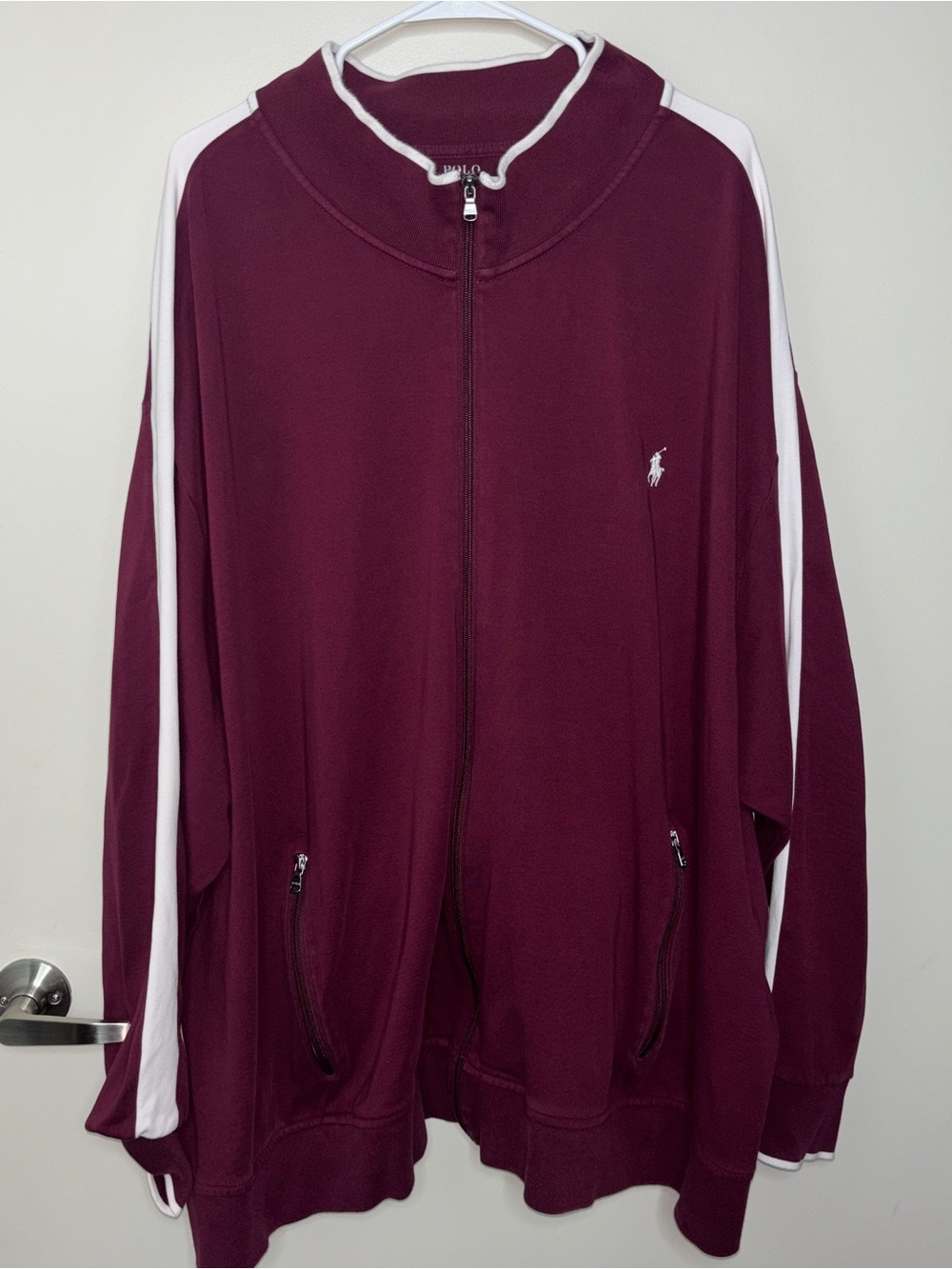 Polo by Ralph Lauren Men's Maroon Track Jacket with White Stripes